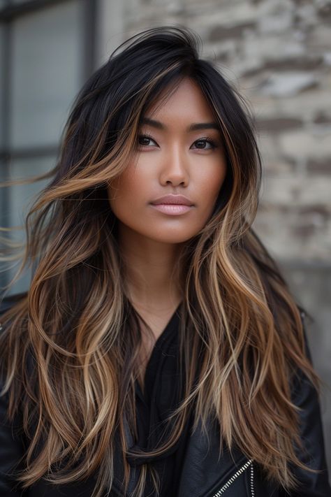 From Subtle to Bold: 19 Caramel Balayage Styles for Every Hair Type Shag Ombre Hair, Dark Balayage Hair Long Layered, Black Hair To Brown Balayage, Carmel Brown Balayage Hair On Black Hair, Long Brunette Hair With Layers Balayage, Dark Balyage Long Hair Brunettes, Fall Hair Color For Brunettes Caramel Low Lights Dark Brown, Brown Bayalage 2024, Balayage Shag Hair