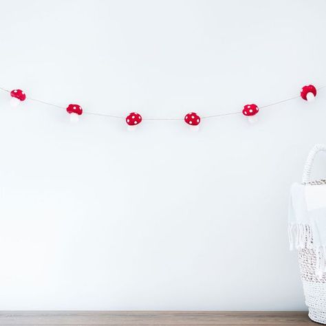 Modern Nursery Decor | West Elm Mushroom Garland, Felt Mushroom, Modern Nursery Decor, Pine Garland, Pine Wreath, Email Branding, Mark And Graham, Kids Wall Decor, Lighting Accessories