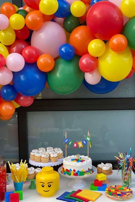 Don't miss this awesome Lego-themed birthday party! The dessert table is so cool! See more party ideas and share yours at CatchMyParty.com #catchmyparty #partyideas #legos #legoparty #boybirthdayparty Colorful Balloon Arch, Lego Birthday Party Ideas, Lego Party Decorations, Lego Themed Party, Lego Birthday Cake, Ninjago Party, Lego Cake, Lego Birthday Party, Lego Birthday