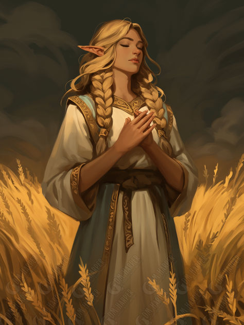 Sumnes, Acolyte of Chauntea, Elf Cleric or Druid, Goldenfields, Storm King's Thunder Irish Character Art, Old Elf Dnd, Light Domain Cleric Dnd, Dnd Acolyte, Cleric Pose, Acolyte Dnd, Elf Cleric Female Dnd, Sun Elf Female, Dnd Elf Druid