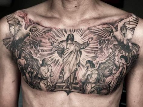 Jesus Chest Tattoo, Tattoo Designs Chest, Mens Side Tattoos, Tattoo Peito, Chest Tattoo Sketches, Clock And Rose Tattoo, Cloud Tattoo Design, Chest Tattoo Drawings, Mens Body Tattoos