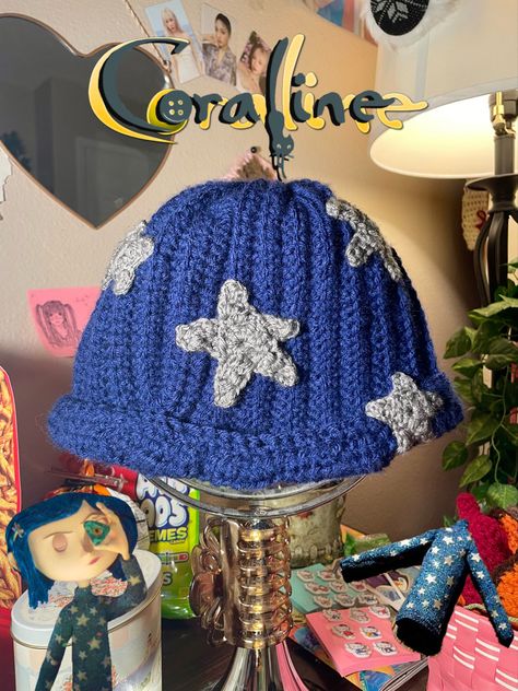 Crochet Star Hat, Coraline Star Sweater, Blue Star Sweater, Star Hat, Crocheted Beanie, Crochet Star, Crochet Fairy, Cute Sewing Projects, Crochet Business