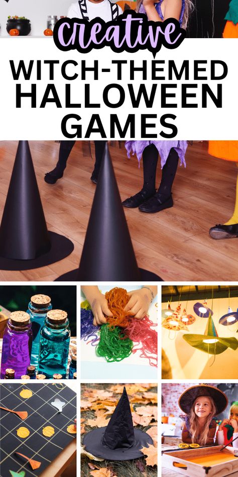 Witches And Wizards Party Theme, Witches From Movies, Witch Pitch Game, Witch Party Activities For Adults, Witch Halloween Games, Halloween Activities For Party, Witch Theme Games, Hocus Pocus Birthday Party Games, Wednesday Themed Birthday Party Games