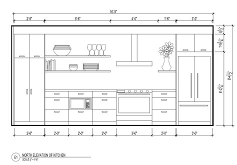 North elevation Kitchen Elevation, Interior Design Layout, Kitchen Drawing, Desain Pantry, Kitchen Layout Plans, Elevation Drawing, Interior Design Plan, Interior Architecture Drawing, Drawing Interior