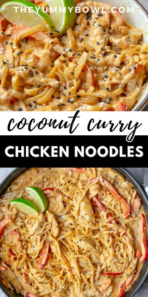 These Thai Red Curry Noodles with chicken from The Yummy Bowl are the perfect easy dinner recipe that will be ready in 15 minutes! This bowl of noodles is huge on flavor and is packed with bites of tender chicken, coconut milk, rice noodles, spices, and lime juice. Give this yummy dinner recipe a try today! Chicken Coconut Milk, Red Curry Noodles, Thai Coconut Curry Chicken, Noodles With Vegetables, Chicken Rice Noodles, Easy Thai Recipes, Chicken Curry Recipe Easy, Coconut Milk Rice, Noodle Bowls Recipes