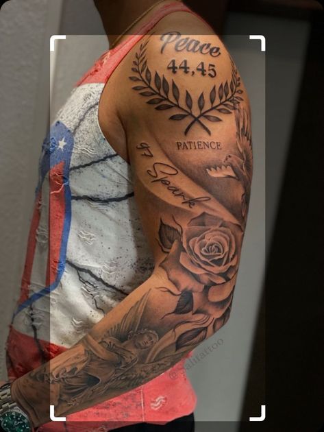 Upper Sleeve Tattoo Men, Rose Tricep Tattoo Men, Men Shoulder Sleeve Tattoo, Simple Tattoo Ideas For Men Shoulder, Upper Arm Tattoo Men Ideas, Man Shoulder Tattoo, Angel Shoulder Tattoo Men, Mens Half Sleeve Tattoo Upper Arm, Foe Tattoos