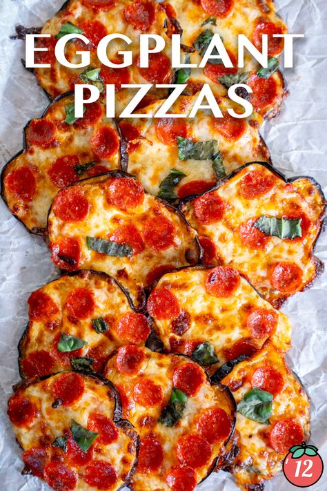 Eggplant Pizzas | 12 Tomatoes Eggplant Pizza Bites, Eggplant Pizza Recipe, Eggplant Pizza, Eggplant Recipes Easy, Eat More Veggies, Eggplant Pizzas, Gluten Free Milk, Appetizer Party, Pizza Appetizers