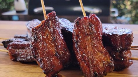 Pork Belly Skewers Recipe, Pork Belly Lollipops, Smoked Pork Belly Recipes, Pork Belly Skewers, Filipino Pork Bbq, Filipino Bbq, Pork Belly Strips, Smoked Pork Belly, Smoker Ideas