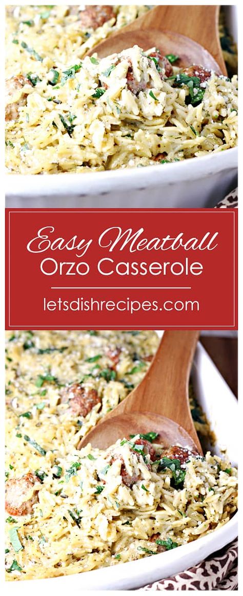 Easy Meatball Orzo Casserole Recipe -- Orzo pasta, frozen meatballs, Alfredo sauce, pesto and spinach combine in this quick and easy casserole that the whole family will love. #orzo #pasta #meatballs #casserole #dinner #recipes Meatballs Alfredo, Meatball Orzo, Orzo Casserole, Meatballs Casserole, Pasta Meatballs, Easy Meatball, Easy Casserole Dishes, Sauce Pesto, Meatball Dinner