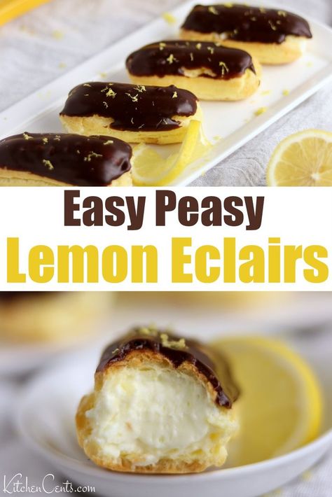 Lemon eclairs bring a fun, bright twist on the divine classic. Filled with a simple 3-ingredient lemon cream filling, these creamy lemon eclairs are an easy spring dessert all lemon lovers will enjoy. Bring the sunshine to your Easter brunch or next BBQ with these scrumptious lemon eclairs. Sweet, tart, creamy and topped with chocolate, this lemon eclair recipe will win you over with one bite! The perfect lemon eclair recipe for spring summer or a lemonfest! An awesome lemon dessert recipe! Lemon Eclairs, Easter Brunch Dessert, Lemon Cream Filling, Easy Eclairs, Easy Chocolate Ganache, Lemon Desserts Easy, Eclair Recipe, Spring Dessert, Lemon Dessert