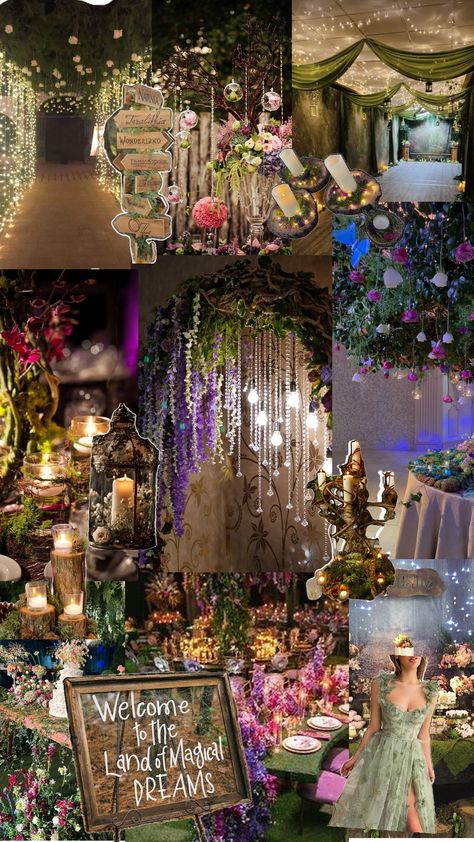 Prom Themes Enchanted Garden, Moonlit Garden Theme, Fantasy Theme Birthday Party, Enchanted Garden Dance Theme, Pixie Hollow Wedding, Quinceanera Dresses Enchanted Forest, Fairytale Prom Theme Decor, Prom Themes Enchanted Forest, Enchanted Debut Theme