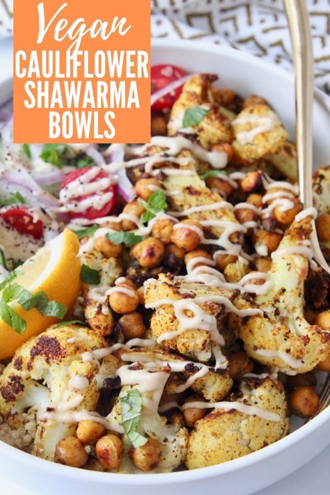 Shawarma seasoning isn't just for meat anymore, it's also a wonderful way to flavor cauliflower! This middle eastern Cauliflower Shawarma bowl is bursting with flavor and easy to make in just 30 minutes! Warm fluffy quinoa is topped with roasted shawarma seasoned cauliflower and chickpeas, fresh veggies and an incredible Garlic Tahini Sauce! This recipe is naturally gluten free, vegan and whole30 approved. Middle Eastern Cauliflower, Schwarma Recipe, Cauliflower Shawarma, Seasoned Cauliflower, Garlic Tahini Sauce, Shawarma Bowl, Chickpeas Quinoa, Cauliflower And Chickpeas, Fluffy Quinoa