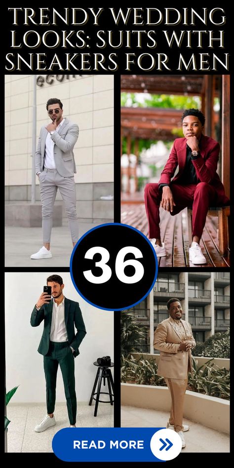 Explore 36 ways to rock suits with sneakers for a contemporary and trendy vibe at weddings. These combinations blend formal elegance with casual flair, ideal for grooms and guests aiming for a fashion-forward statement. Discover how sneakers can elevate traditional suits, creating a stylish and comfortable ensemble that exudes sophistication. #suitswithsneakers #mensweddingfashion #modernweddingstyle #fashionforwardgrooms #weddingguestoutfits #sneakerchic Suit And White Sneakers Men, Tennis Shoes With Suit Men, Trendy Suits For Men Wedding, Jordan Wedding Shoes Grooms, Dress Pants With Sneakers Men Outfit, Dress Clothes With Sneakers, Mens Wedding Fashion Guest, Mens Dress Sneakers Outfit, Suit And Sneakers Men Outfits Wedding