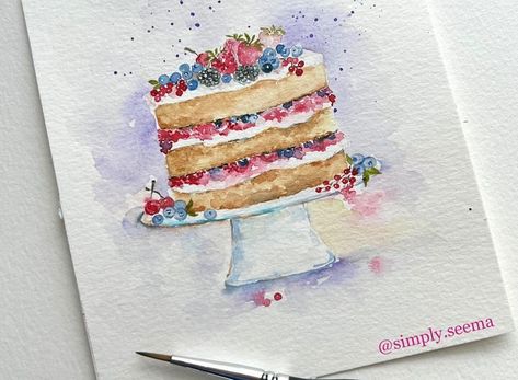 Seema on Instagram: “Letting my brush flow freely on paper…. Art supplies used : @grabieofficial watercolors @grabieofficial brush 2 @grumbacherart cold…” Watercolour Cake Painting, Cake Watercolor Painting, Watercolour Cake, Cake Watercolor, Painting Illustrations, Painting Cake, 30 Day Art Challenge, Watercolour Challenge, Happy Birthday Cards Diy