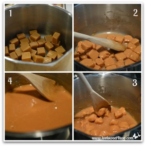 Melting caramels for Christmas Caramel Apples Melting Caramel Squares, How To Melt Caramel Squares, Melt Caramel Squares, Caramel For Apples, Christmas Caramel Apples, Melted Caramel Squares, Melting Caramel, Caramel Squares, How To Melt Caramel