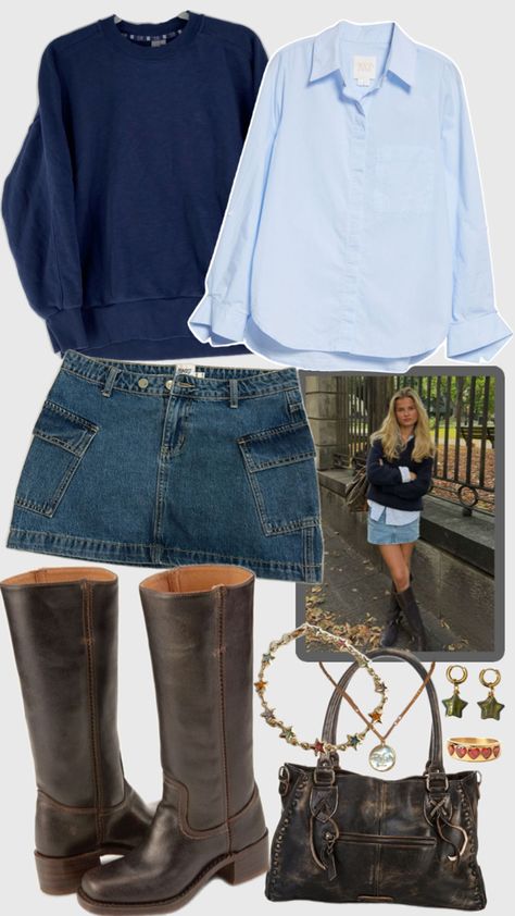 fall outfit inspo with denim skirt, crewneck sweater, button down, leather boots and bag, and gold jewelry Jean Skirt Jean Jacket Outfit, Jeans Skirt Fall Outfits, Denim Skirt And Stockings Outfit, Sweater With Denim Skirt, Jean Skirt Boots Outfit, Michigan Game Day Outfit Cold, Fall Outfit Denim Skirt, Winter Outfits Denim Skirt, Dark Denim Mini Skirt Outfit