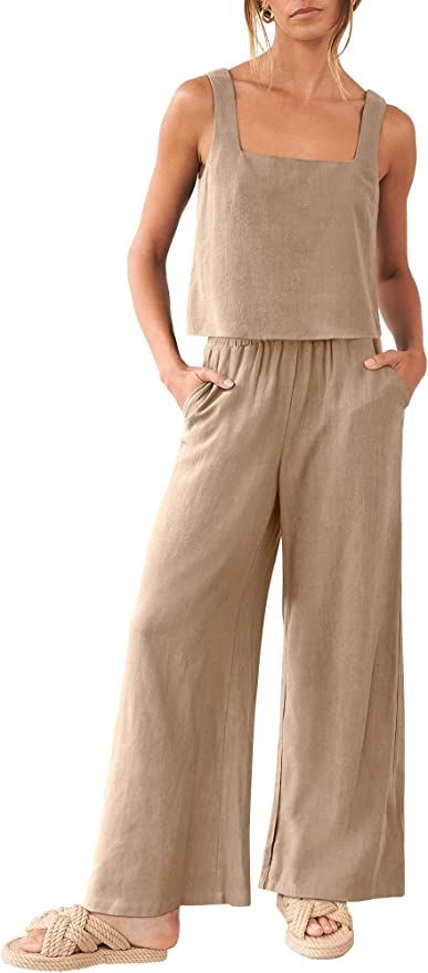 2 Piece Outfit Set Summer, Linen Pants Pattern, Summer Matching Sets, Matching Lounge Set, Summer Night Outfit, Long Pant Jumpsuit, Pants Jumpsuit, Tank Crop Top, Clothing Staples