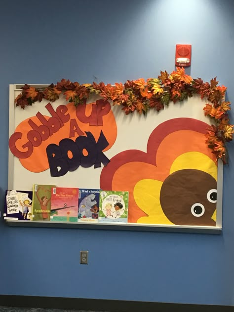 Library bulletin board - Thanksgiving Ideas For Bulletin Boards, Fall Library Displays, Thanksgiving Bulletin Board Ideas, Thanksgiving Bulletin Board, School Library Bulletin Boards, November Bulletin Boards, Thanksgiving Readings, School Library Decor, Bulletin Boards Theme