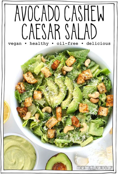 Avocado Cashew Caesar Salad Romaine Lettuce Recipe, The Best Caesar Salad, Best Caesar Salad, Salted Cashews, Vegan Bacon Bits, Cooking Vegetarian, Week Meals, Vegan Caesar Salad, Vegan Dips