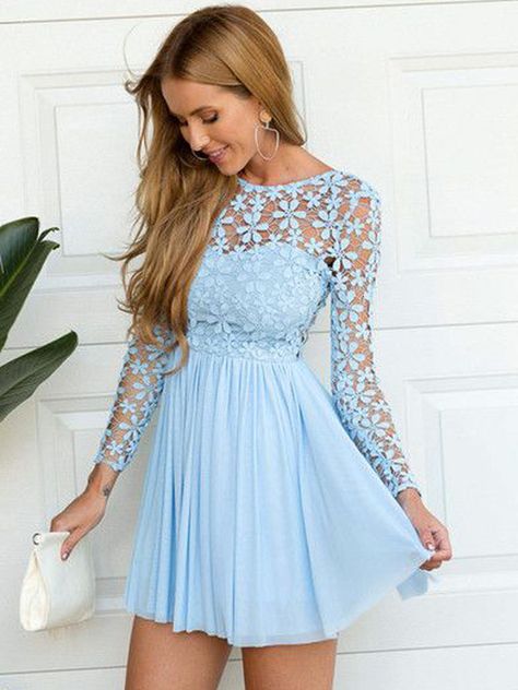 2019 A-Line Scoop Chiffon Blue Short Homecoming Dresses Cheap Homecoming Dresses, Lace Party Dresses, Trendy Wedding Dresses, Pattern Sewing, Mini Robes, Party Dress Short, Prom Dresses With Sleeves, Chiffon Prom Dress, Short Wedding Dress