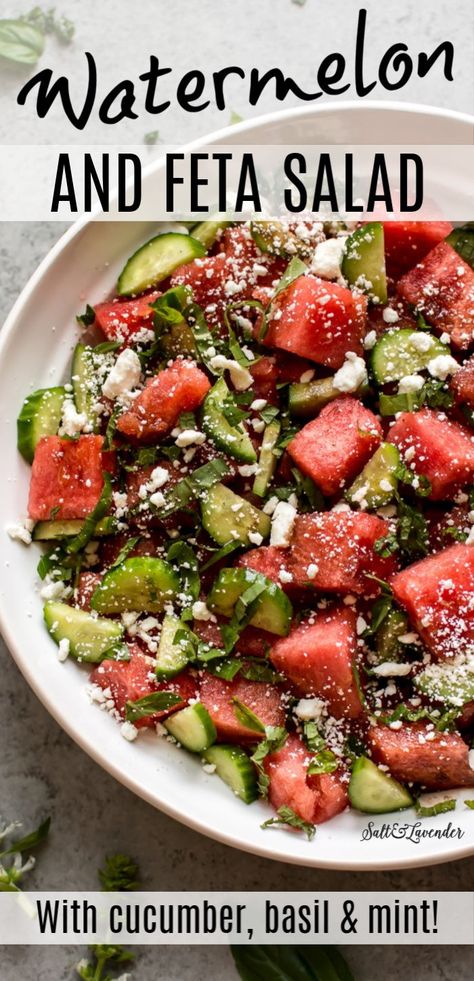 Watermelon Cucumber Feta Salad, Watermelon Feta Salad Recipes, Cucumber Watermelon Salad, Watermelon Basil, Cucumber Feta Salad, Cucumber Basil, Salad With Cucumber, Watermelon Salad Recipes, Feta Salad Recipe