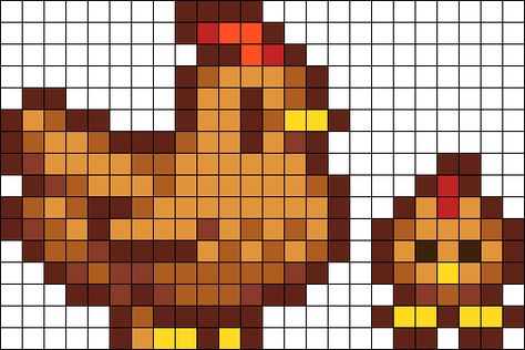 Brown Perler Bead Patterns, Peeler Bead Chicken, Stardew Valley Chicken Cross Stitch, Stardew Valley Grid Art, Stardew Valley Chicken Pixel Art, Perler Stardew Valley, Stardew Valley Chickens, Alpha Patterns Stardew Valley, Chicken Perler Bead Patterns