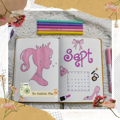 September Bujo Cover, Bujo Cover Page, September Bujo, Bujo Cover, Bullet Journal September, 2023 Barbie, Bullet Journal Set Up, Barbie Theme, Plan With Me