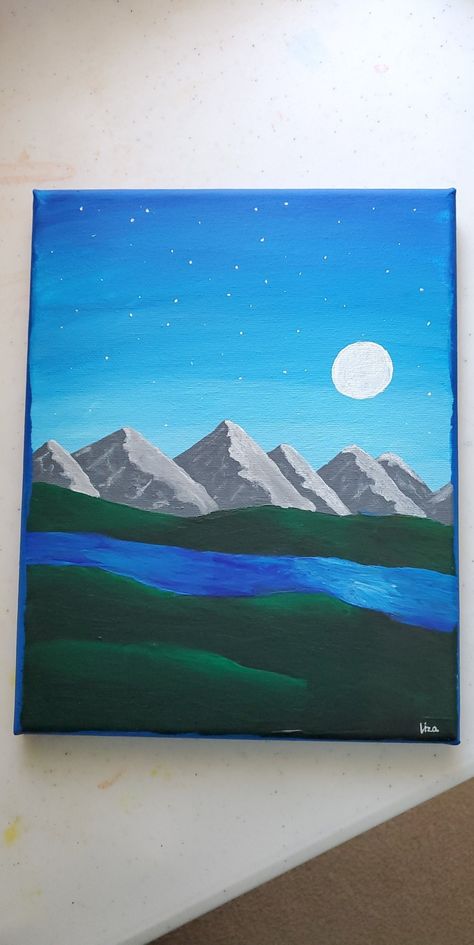 Easy Acrylic Painting Ideas On Canvas Simple, Potato Candy, Mountain Valley, Drawings Of Friends, Night Landscape, Canvas Painting Designs, Acrylic Board, Simple Acrylic Paintings, Step By Step Painting