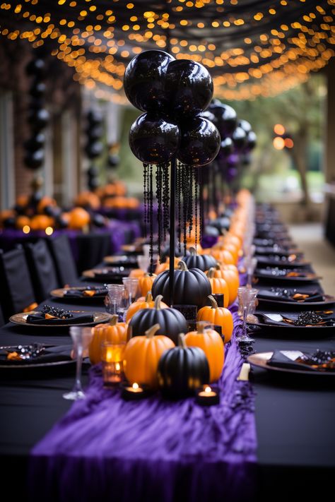 Hocus Pocus and Harmony: A Deep Dive into Black, Purple, and Orange Halloween Centerpieces Halloween Street Party Ideas, Witchy Tablescape, Witch Tablescape, Witchy Autumn, Witch Decorations, 21 Party, Postres Halloween, Fiesta Halloween, Hocus Pocus Party