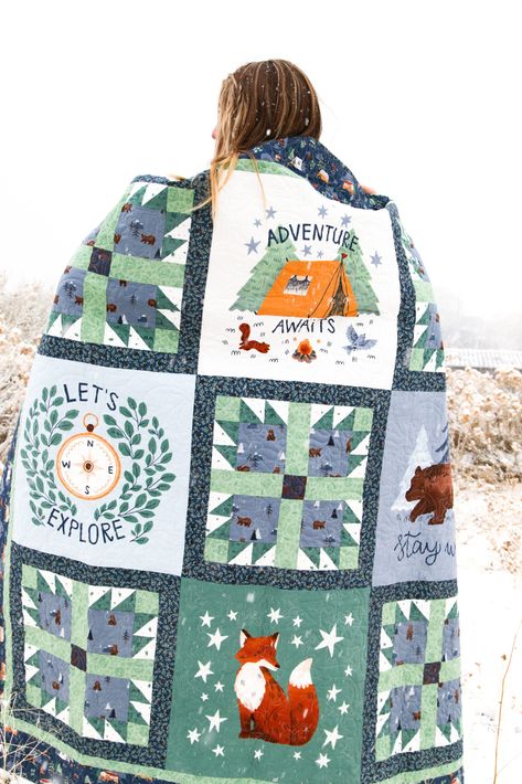 FREE Quilt Pattern! | Fabric: Camp Woodland by Natàlia Juan Abelló for Riley Blake Designs Woodland Quilts, Mountain Quilt Block, Woodland Baby Quilt, Fox Quilt, Camping Quilt, Boys Quilt Patterns, Woodland Quilt, Panel Quilt Patterns, Woodland Fabric