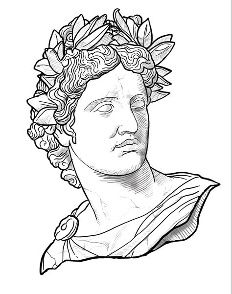 Apollo Bust Tattoo, Apollo Tattoo Simple, Apollo Tattoo Design Greek Gods, Apollo Drawing Sketch, Apollo Statue Tattoo, Apollo Statue Drawing, Apollo Inspired Tattoo, Statue Tattoo Stencil, Greek Statue Drawing Simple