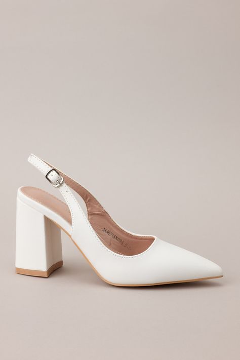 Step up your shoe game with our Elegant Elevation White Slingback Heels! These stylish heels will elevate any outfit, offering both fashion and function. Their comfortable slingback design and elegant white color make them a must-have for any fashion-forward diva. Walk tall and strut your stuff with these heels on your feet. Perfect for any occasion! These white heels feature a pointed toe, a faux leather material, an adjustable strap around the back of the foot, and a thick block heel. Heel measures 3.5" All Man Made Materials Non-skid Sole Manufactured in China Designed in the USA True to size White Slingback Heels, Sorority Rush Dresses, Preppy Girls, Corporate Chic, Walking Tall, Stylish Heels, Rush Dresses, Slingback Heels, Dress Bra