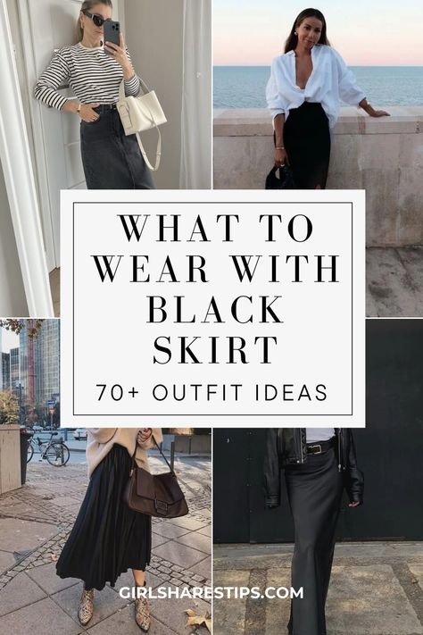 From chic office looks to date night ensembles, black skirts are a fashion staple that never goes out of style. Don't miss out on these trendy ideas to take your wardrobe to the next level! | Black skirt outfit | black skirt outfits | outfits with black skirt | short black shirt outfit | long black skirt outfit | black skirt outfit aesthetic | black skirt outfit party night | midi black skirt outfit | black skirt outfit ideas | pleated black skirt outfit | black skirt outfit party night classy Black Plated Skirt Outfit Summer, Ways To Style Long Black Skirt, How To Style A Long Black Silk Skirt, Casual Black Silk Skirt Outfit, Styling Black Pleated Midi Skirt, Black Silk Midi Skirt Outfit Winter, Black Aline Skirt Outfit Winter, Midi Black Silk Skirt Outfit, Long Black Skirt Outfit Winter Classy