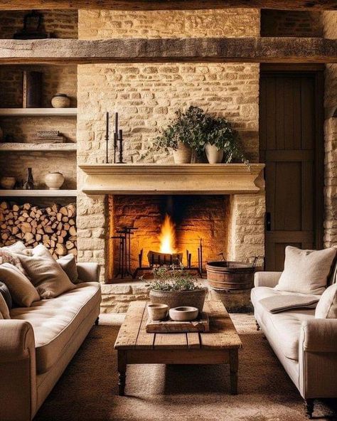 Rustic Scandinavian Living Room, Cottage Interior, Living Room Scandinavian, Stone Cottage, Home Fireplace, Farmhouse Interior, Rustic Living, Dream House Interior, Rustic Living Room