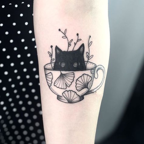 Joshua Burd on Instagram: “Teacup cat  #pdxtattoo #pdxart #portlandtattoo #portlandart #catart #cattattoo #cats #kittytattoo #cattoo #blackcat #felines #catsofinsta…” Henna Tattoo Designs Arm, Teacup Tattoo, Coffee Tattoos, Quality Tattoo, Floral Tattoo Sleeve, Tattoo Machines, Tattoo Equipment, Tattoo Needles, Henna Tattoo Designs