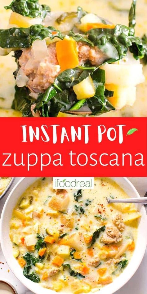 Full of flavor Instant Pot Zuppa Toscana is famous Olive Garden's copycat soup recipe with hearty Italian sausage, potatoes and kale. This version of tuscan soup is lighter without heavy cream but still just as creamy and delicious. Italian Sausage Potatoes, Copycat Soup, Instant Pot Zuppa Toscana, Potatoes And Kale, Tuscan Soup, Toscana Soup, Cut Recipe, Soup Healthy, Italian Sausage Recipes