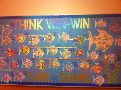 This is our November/December Leader in Me bulletin board. We read the Rainbow Fish and discussed how it showed "Think Win Win". Then they colored their own fish and we wrote what they could share with others on lamination bubbles. Leader In Me Bulletin Board, Read The Rainbow, 7 Habits Activities, Covey 7 Habits, November Bulletin Boards, The Rainbow Fish, Music Class Activities, Habits Of Mind, Seven Habits