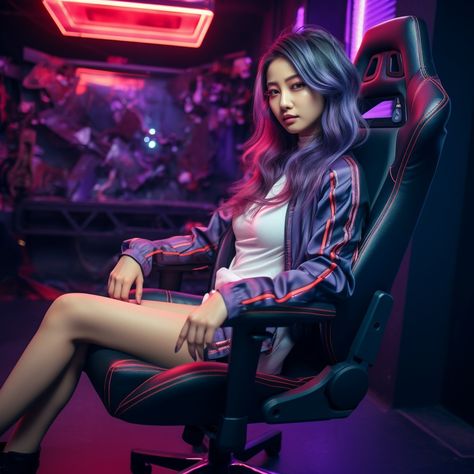 a female gamer with Asian look and sitting on gaming chair in gaming room Sitting In Gaming Chair Pose, Gamer Senior Pictures, Person Sitting Reference Chair, Gaming Photoshoot, Gamer Photoshoot, Female Gamer, Concept Reference, Chair Drawing, Gamer Chair