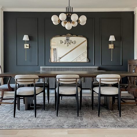 Follow me on Instagram @thesmittencollective for more dark and moody dining room details, design, and styling! Extra Chairs In Dining Room, Large Dining Room Artwork, Room Paneling, Moody Dining Room, Formal Room, Dining Room Accent Wall, Dark Dining Room, Dining Room Accents, Ankle Tattoos