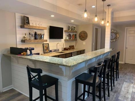 Cozy Basement With Bar, Basement L Shaped Bar Ideas, L Shape Basement Layout, Wrap Around Bar, U Shaped Basement Bar, U Shaped Bar Design, Bar Ideas For Home Basement Modern, Simple Basement Bar Ideas, U Shaped Bar