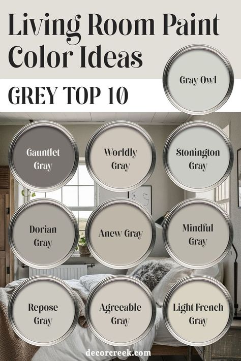 The image features ten popular gray paint colors for living rooms with the title "Living Room Paint Color Ideas" and subtitle "Grey Top 10." Each color is shown as a circular paint sample against a cozy room background with a bed, soft textiles, and natural light. The colors include Gauntlet Gray, Worldly Gray, Stonington Gray, Gray Owl, Dorian Gray, Anew Gray, Mindful Gray, Repose Gray, Agreeable Gray, Light French Gray. Paint Rooms Ideas, Light Grey Floors Living Room Decor, Agreeable Grey Accent Colors, Sw Greige, Top Living Room Paint Colors, Grey Paint Living Room Ideas, Grey Wood Floors Living Room Decor, Gray Accent Wall Living Room, Accent Colors For Agreeable Gray