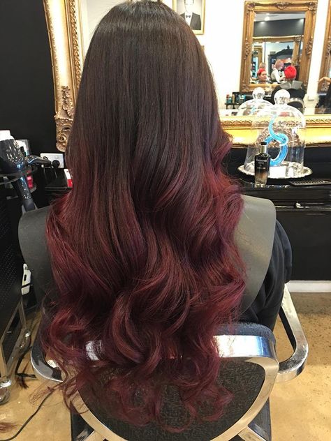 Scarlet Siren: Seductive Hairstyle Ideas for Red-Haired Vixens Red Hair Back Of Head, Cherry Red Ombre Hair, Black Hair With Red Highlights Long, Red Ends On Black Hair, Black Hair With Red Ends, Black To Red Balayage, Deep Red Balayage Hair, Red Ends On Brown Hair, Red Hair Indian