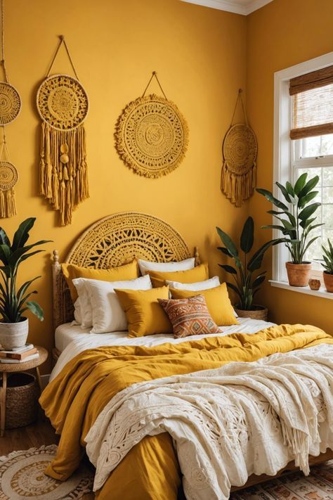 Yellow Boho Bedroom, Boho Style Bedroom Decor, Blue Yellow Bedrooms, Yellow Bedroom Walls, Mustard Yellow Bedrooms, Bathroom Boho, Boho Decorations, Interior Boho, Boho Decoration