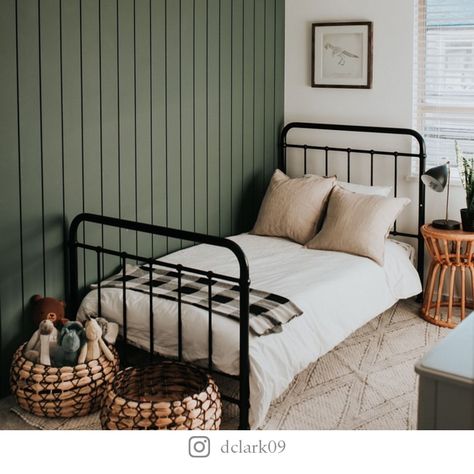 Benjamin Moore Green, Green Boys Room, Modern Farmhouse Paint Colors, Warm Grey Paint Colors, Wrought Iron Bed, All White Room, Green Accent Walls, Big Boy Bedrooms, Farmhouse Paint Colors