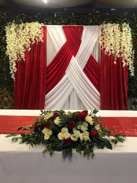 Church Decorations Ideas Altars, Curtain Backdrop Wedding, Burgundy Decor, Draping Ideas, Church Altar Decorations, Flower Backdrop Wedding, Christmas Stage, Wedding Background Decoration, Diy Wedding Backdrop