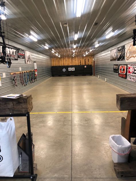 Check out our indoor archery range! Indoor Bow Shooting Range, Indoor Bow Range, Archery Range Indoor, Archery Shop Ideas, Home Armory Ideas, Indoor Archery Range Home, Home Archery Shop, Archery Set Up, At Home Archery Range