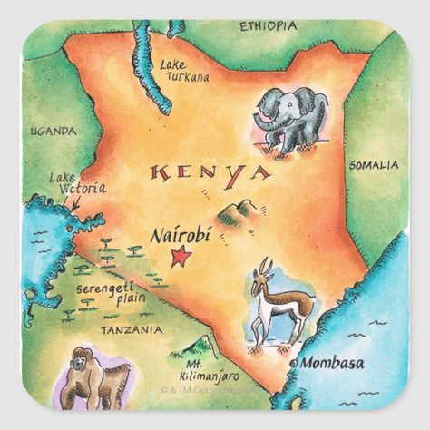 Map of Kenya Square Sticker - Gorilla symbolism stands for loyalty leadership compassion dignity and accountability. #gorillas #monkey #apes #gift #gifts #giftsforher #giftsforhim Map Of Kenya, Kenya Poster, Gorilla Funny, Gorillas Art, Mount Kenya, Sandakan, Pet Monkey, Mombasa, Africa Map