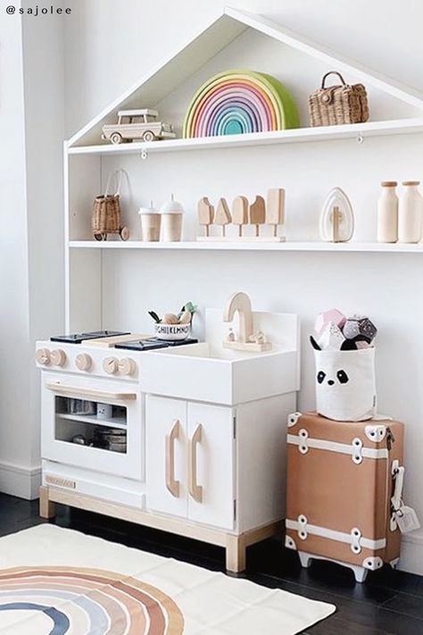 Playroom Kitchen, Loft Playroom, Daycare Decor, House Shelves, Toy Rooms, Playroom Decor, Play Kitchen, Kids Playroom, Kids' Room