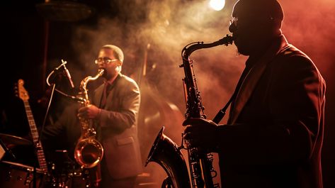 Jazz Night Concert: Silhouetted jazz musicians lost in the music, playing saxophones on a dimly lit stage with fervor. #jazz #concert #music #saxophone #performance #stage #musicians #silhouette #aiart #aiphoto #stockcake https://ayr.app/l/zSzx Late Night Jazz Aesthetic, Blues Music Aesthetic, Concert Illustration, Jazz Aesthetic, Jazz Performance, Playing Saxophone, Jazz Night, Night Concert, Customer Profile