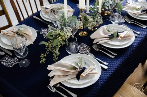 Navy and Neutrals Dinner Party Decor- I love the place settings! Navy Dinner Table Setting, Blue And Silver Dinner Table Setting, Crepe Brunch, Navy Blue Wedding Table, Dinner Party Place Settings, Party Place Settings, Blue Wedding Table, Hanukkah Dinner, Winter Dinner Party